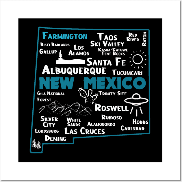 Cute map of Farmington New Mexico Albuquerque Map Santa Fe Los Alamos, Taos,Roswell Las Cruces Deming Carlsbad Silver City Wall Art by BoogieCreates